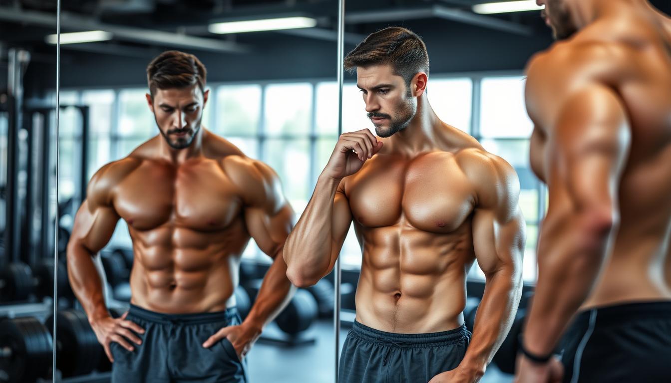 A 6'3 male bodybuilder analyzing his physique in a gym mirror, demonstrating the relationship between height and muscle mass