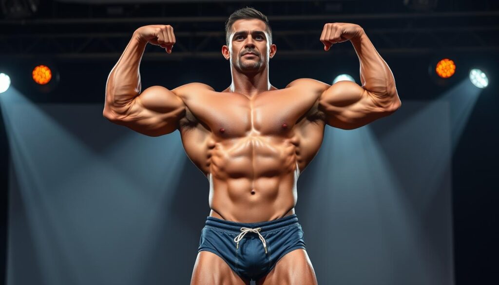 A 6'3 male bodybuilder in competition condition showing ideal weight and muscle definition for his height