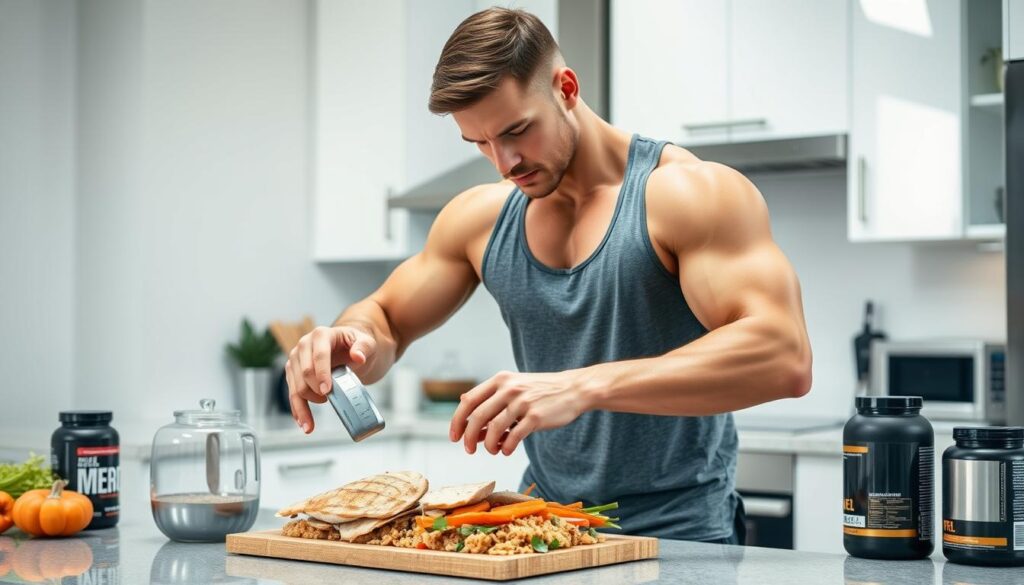 A 6'3 male bodybuilder preparing a balanced meal as part of his nutrition plan to maintain muscle mass