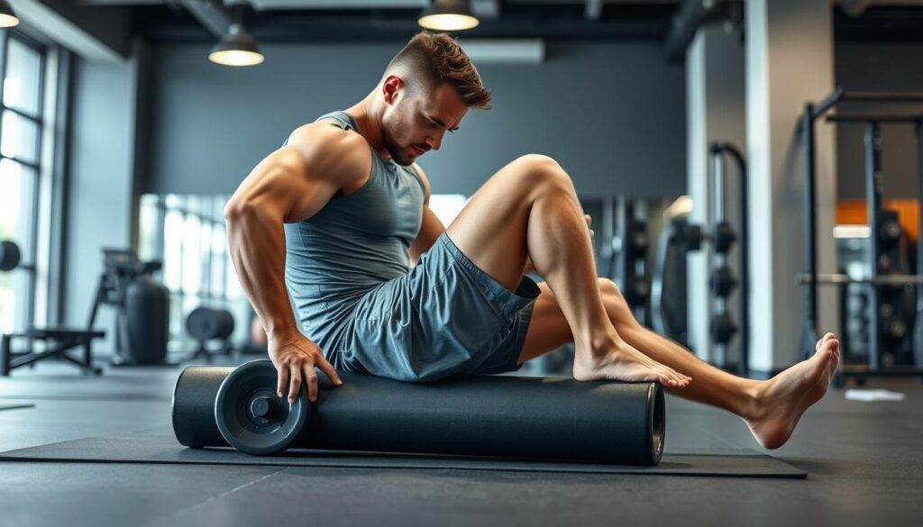 A 6'3 male bodybuilder using recovery techniques like foam rolling to maintain joint health