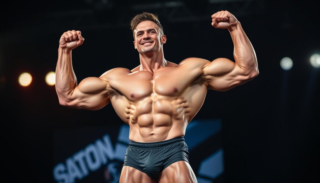 A successful 6'3 male bodybuilder in peak condition representing the achievement of ideal weight and physique goals