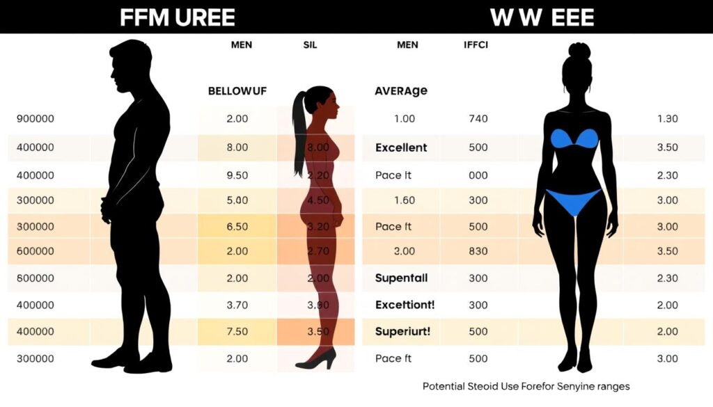 Chart showing FFMI ranges for men and women with visual representation