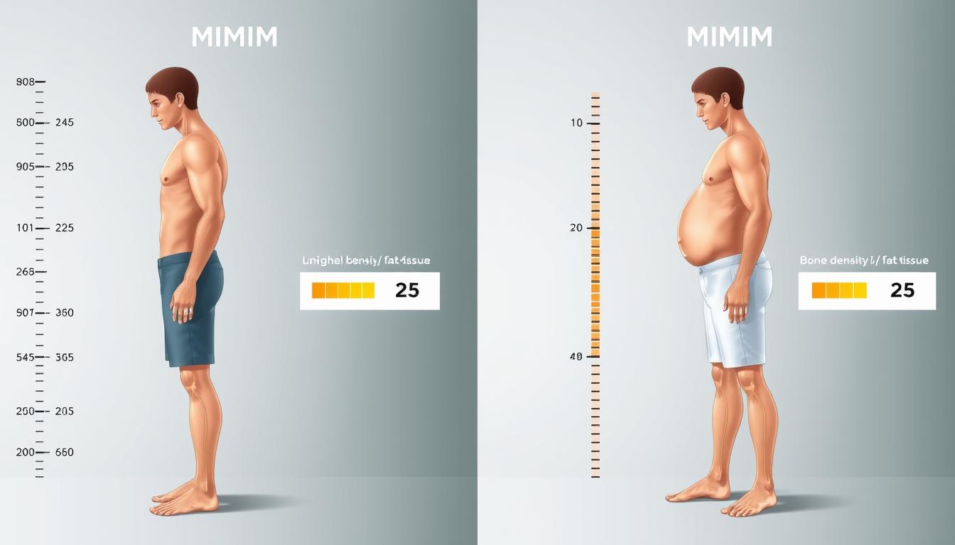 Comparison of two individuals with identical BMI but different bone mass and body composition showing how bone mass and BMI accuracy can vary