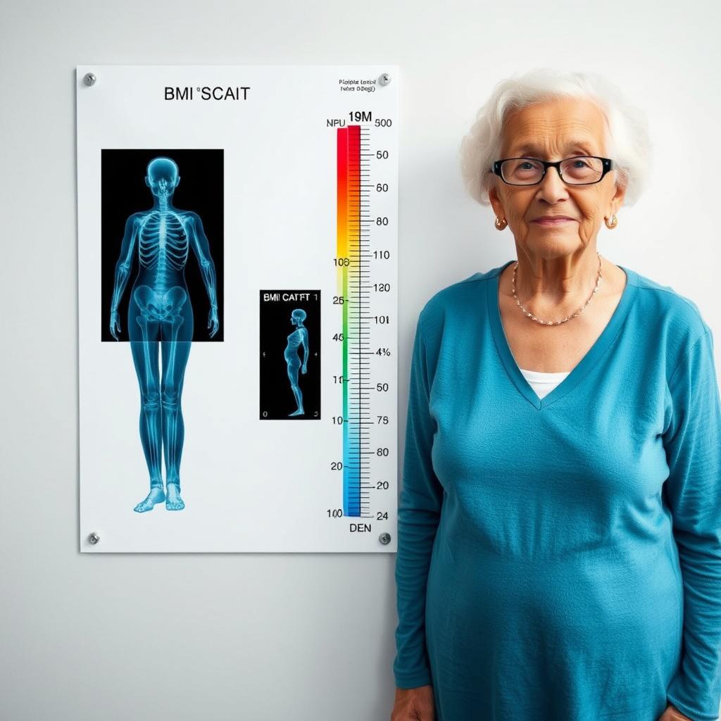 Elderly woman with osteoporosis classified as normal weight by BMI despite unhealthy body composition, showing bone mass and BMI accuracy problems