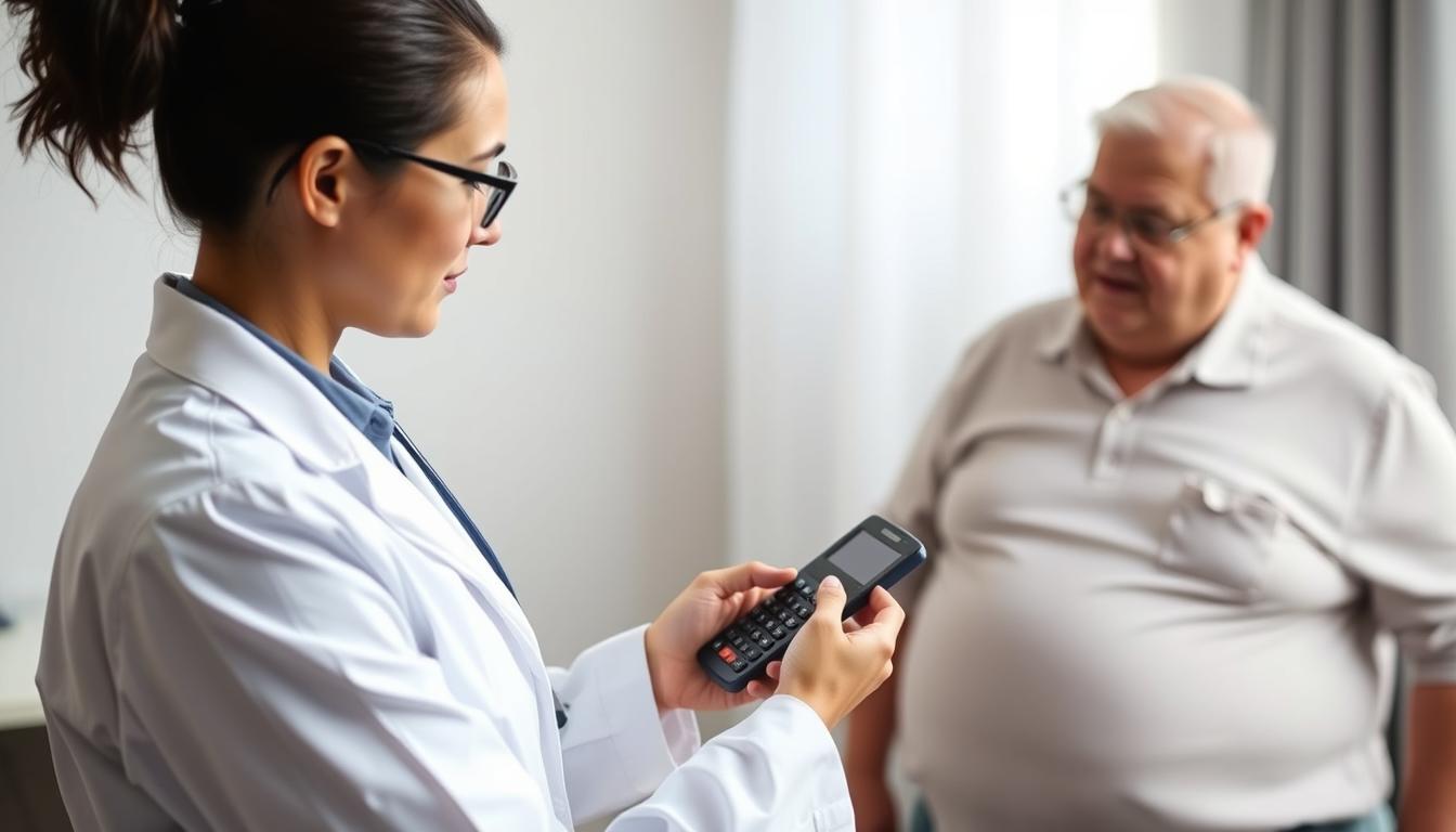 Healthcare professional calculating adjusted body weight for a patient with obesity
