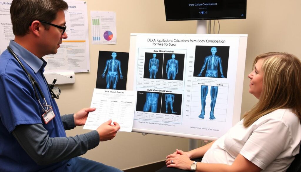 Healthcare professional discussing bone mass and BMI accuracy with a patient while reviewing DEXA scan results