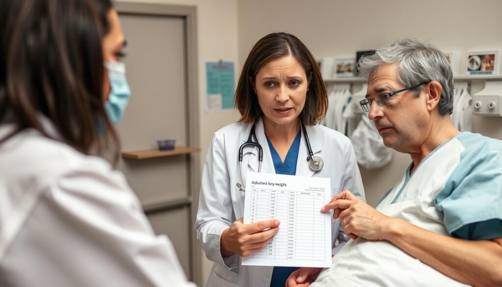 Healthcare professional explaining limitations of adjusted body weight calculations to a colleague