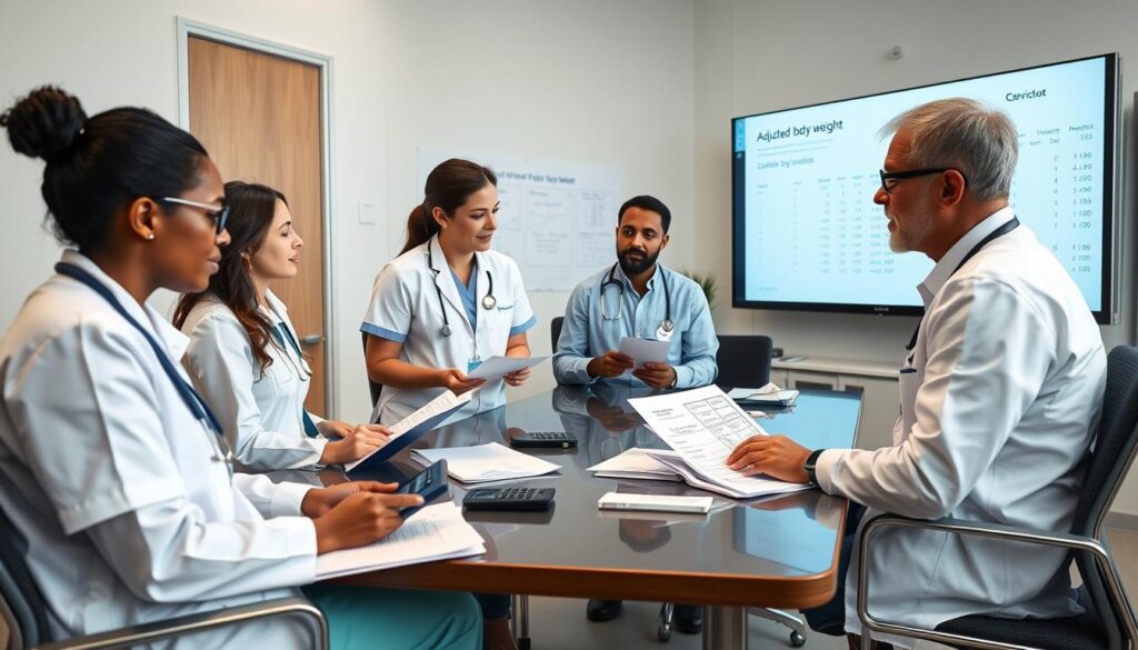 Healthcare team reviewing adjusted body weight calculations during a clinical meeting
