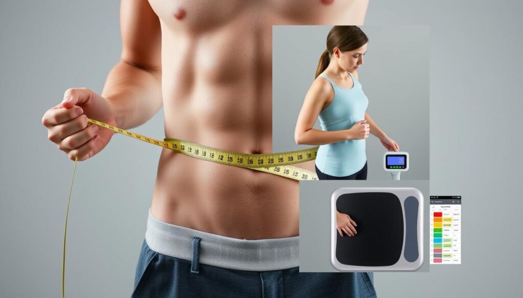 Person measuring waist circumference as a complementary assessment to BMI, considering bone mass and BMI accuracy
