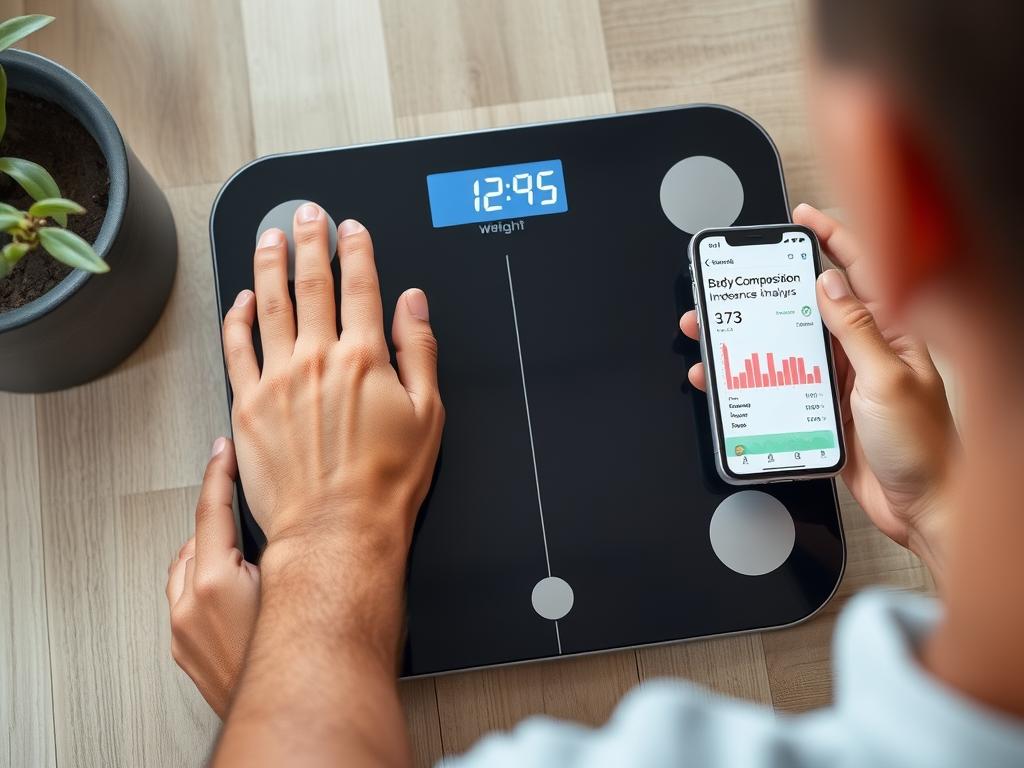 Person using bioelectrical impedance scale at home to assess body composition including bone mass and BMI accuracy