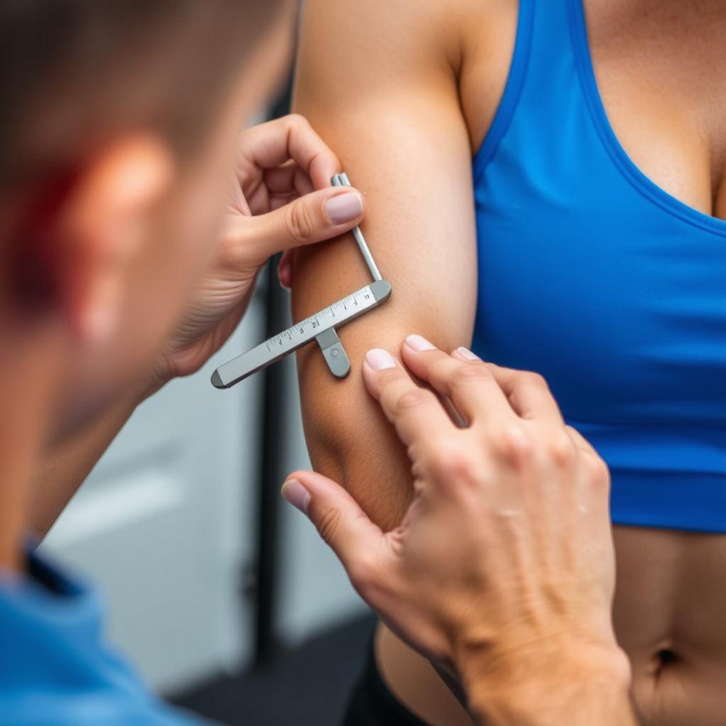 Person using skinfold calipers to measure body fat