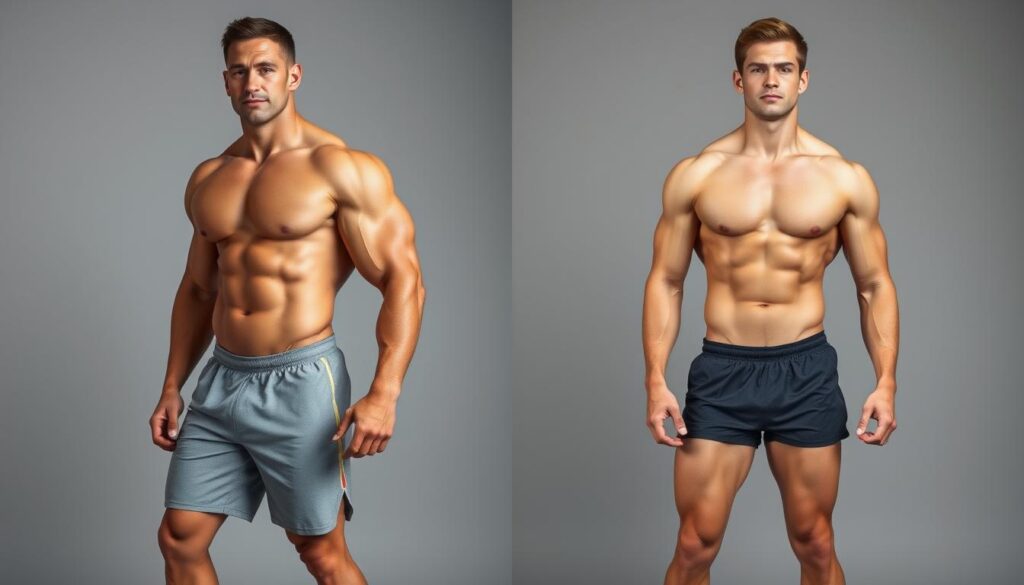 Side-by-side comparison of a 6'3 male bodybuilder and a 6'3 non-bodybuilder showing difference in weight and muscle mass