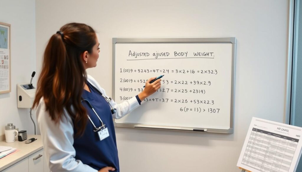 Step-by-step process of calculating adjusted body weight for a patient with obesity