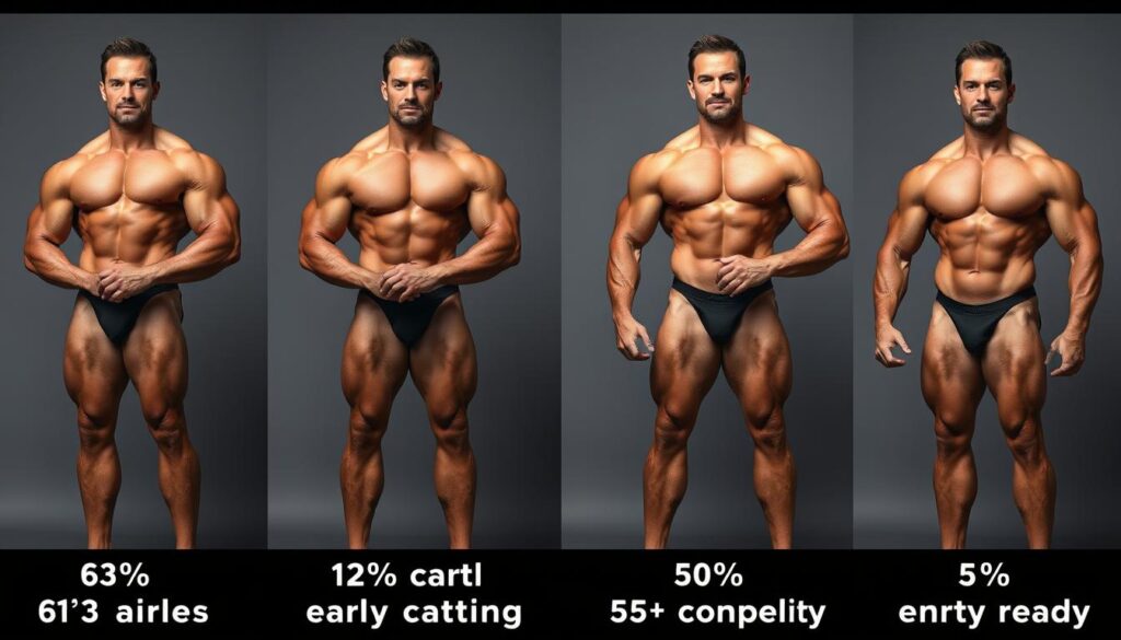 Visual representation of different body fat percentages in 6'3 male bodybuilders from bulking to competition phases